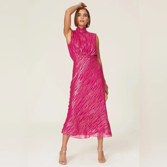 Saloni Silk Fleur Metallic Tinsel Midi Dress - Picture 1 of 3